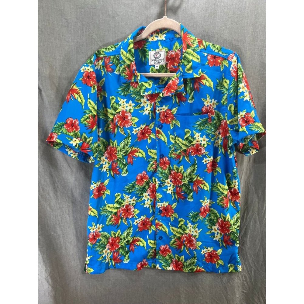 Resolution Button Up Shirt‎ Adult Medium Blue Floral Short Sleeve Casual Mens.
